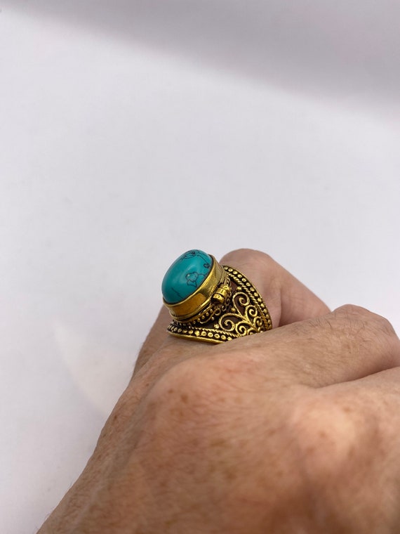 Vintage Turquoise Brass Poison Pillbox Ring - image 6