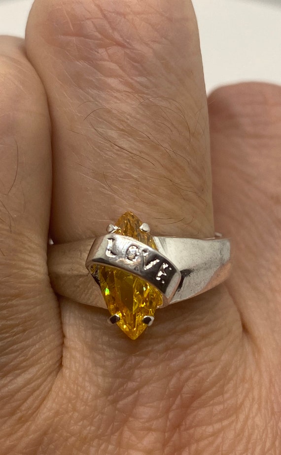 Vintage Canary Yellow CZ Deco Love Ring 925 Sterli