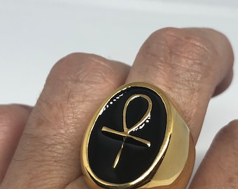 Vintage Golden Stainless Steel Gothic Egyptian Ankh Mens Ring