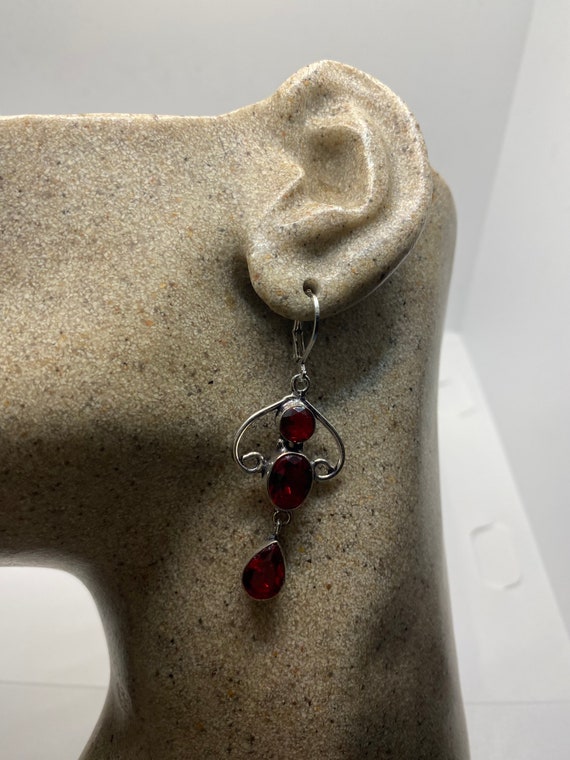 Antique Vintage Red Ruby Glass Silver Dangle Earr… - image 3