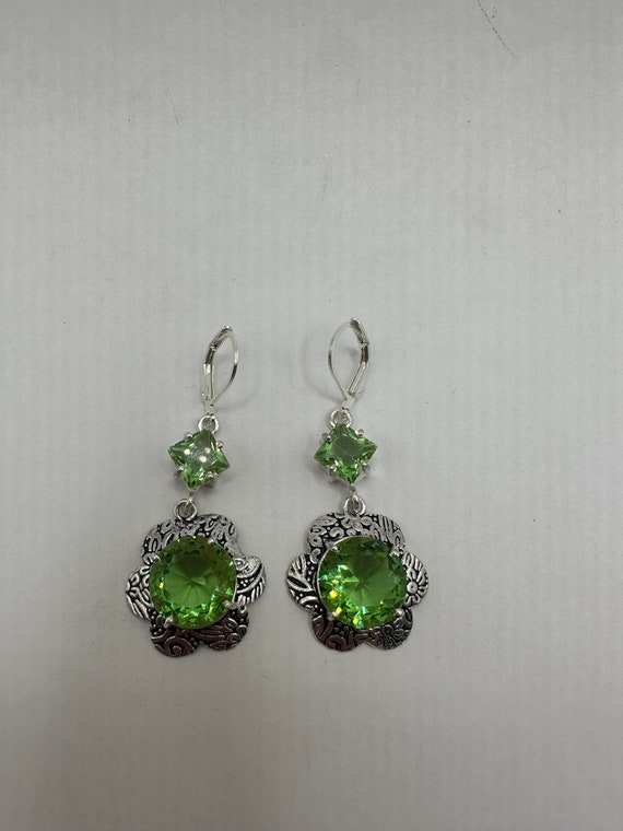 Antique Vintage Green Glass Silver Dangle Earrings - image 3