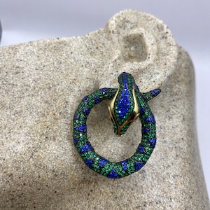 Vintage Green, blue and pink ruby crystal Snake Earrings golden 925 Sterling Silver