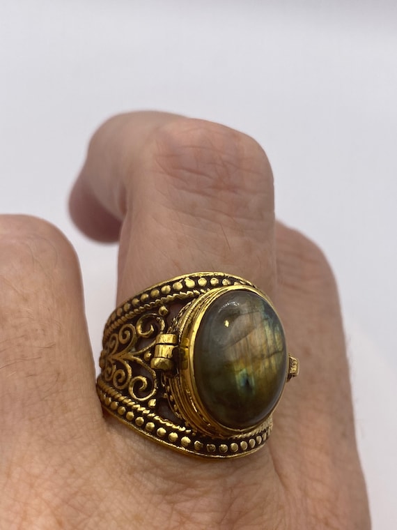 Vintage Labradorite Brass Poison Pillbox Ring - image 2