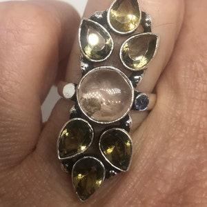Vintage Genuine Rose Quartz And Topaz Ring Silver Statement