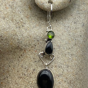 Vintage Black Onyx Green Peridot Earrings 925 Sterling Silver Deco Dangle Chandelier