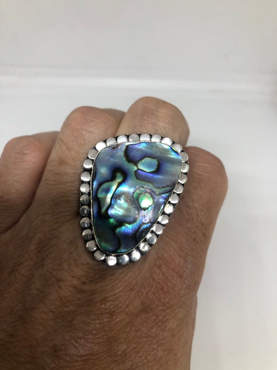 Antique Green Abalone White Bronze Silver Ring - image 5