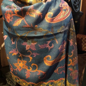 Golden Vintage Blue Green Gold Metallic Paisley Brocade Pashmina Scarf Wrap
