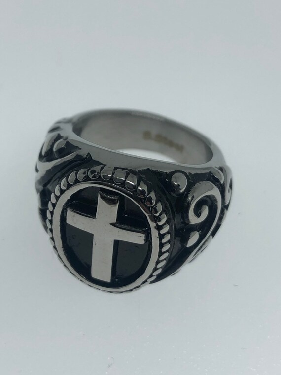 Vintage Gothic Cross Mens Ring Silver Stainless Steel Gem