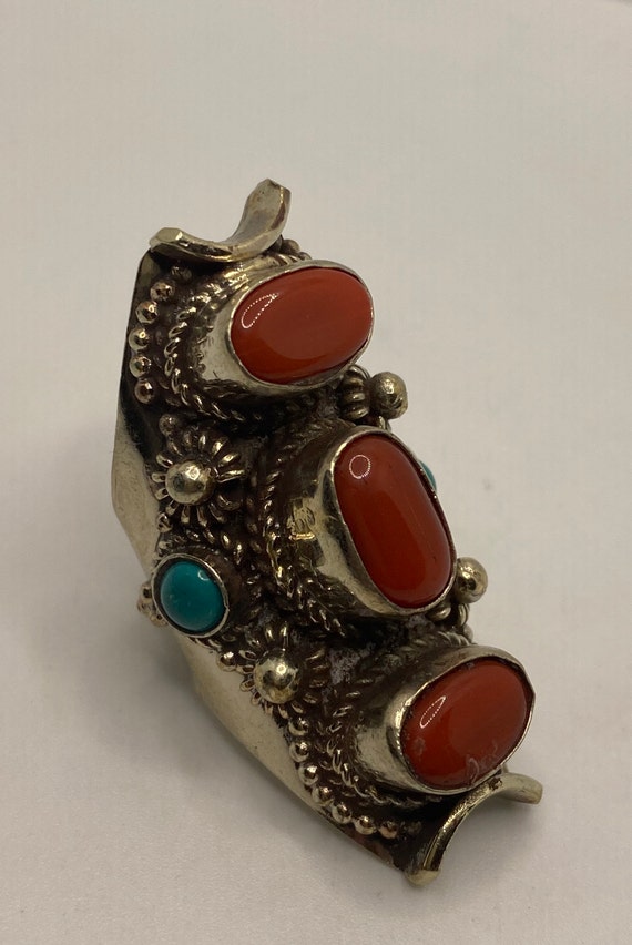 Vintage Red  Turquoise Tribal Brass Antique Ring - image 6
