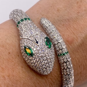 Vintage Snake Bangle Bracelet 925 Sterling Silver Crystal Pave