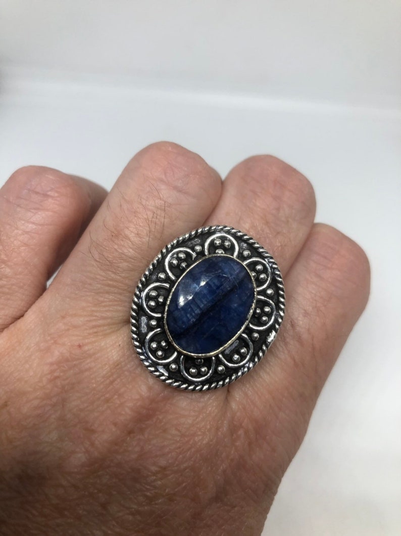 Vintage Handmade deep blue sapphire setting white bronze Silver gothic Ring