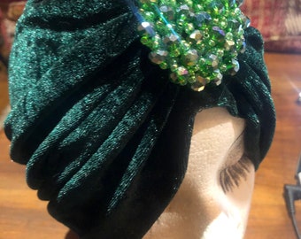 Vintage Green Stretch Velvet Deco Turban Hat