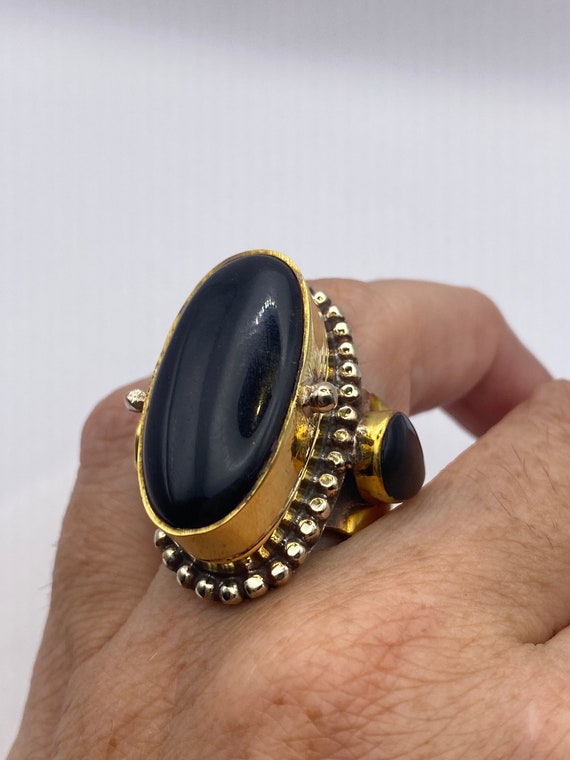 Vintage Black Onyx Brass Poison Pillbox Adjustabl… - image 1