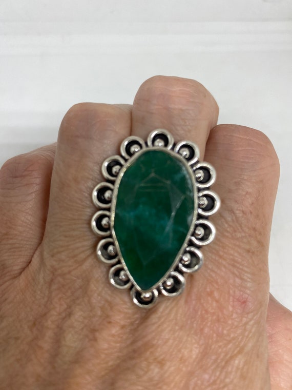 Antique Green Emerald Chrysopraise Silver Ring