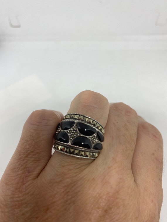 Vintage Genuine Black Onyx Silver Marcasite Ring - image 6