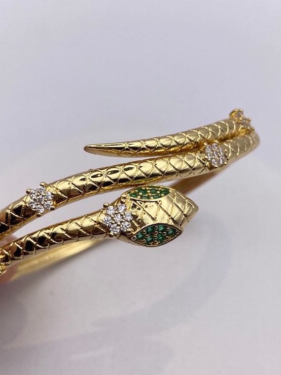 Vintage Snake Bangle Bracelet Golden Filled Green Crystal  display picture 3