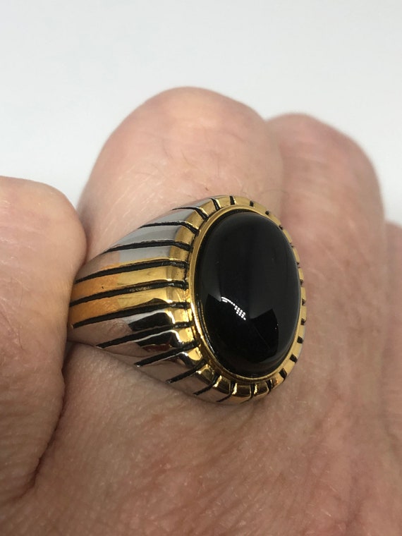 Vintage Gothic Black Onyx Gold Accent Stainless S… - image 6