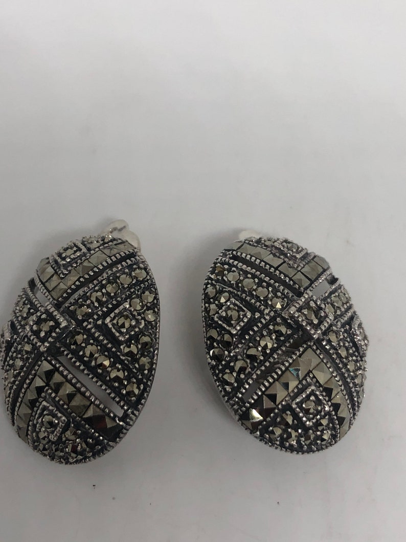 Antique vintage Marcasite 925 sterling silver clip on button earrings