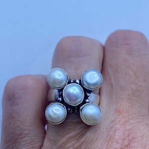 Vintage White Genuine Pearl Silver Cocktail Ring