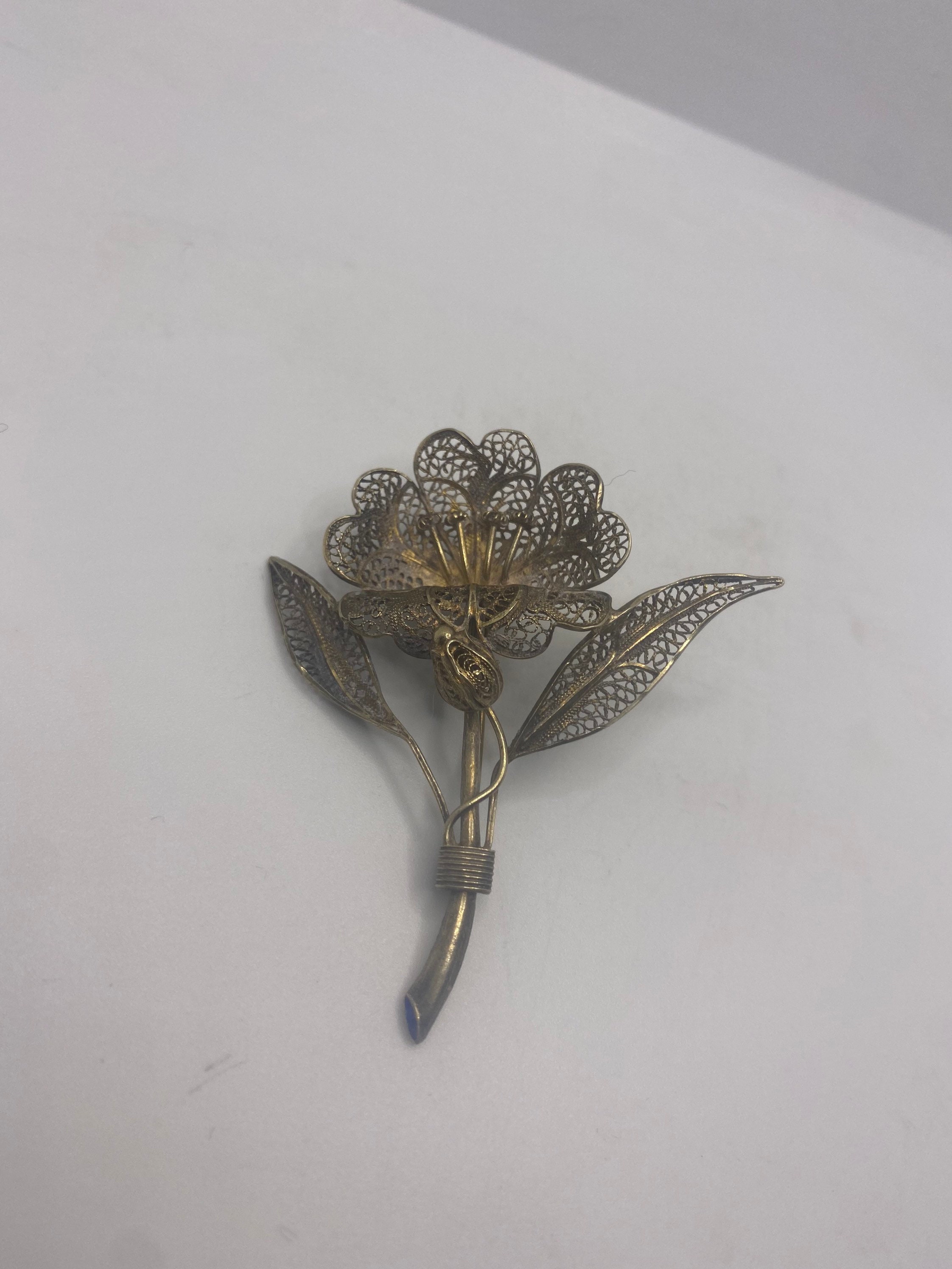 Vintage Hand Made Deco Flower 925 Sterling Silver Filigree