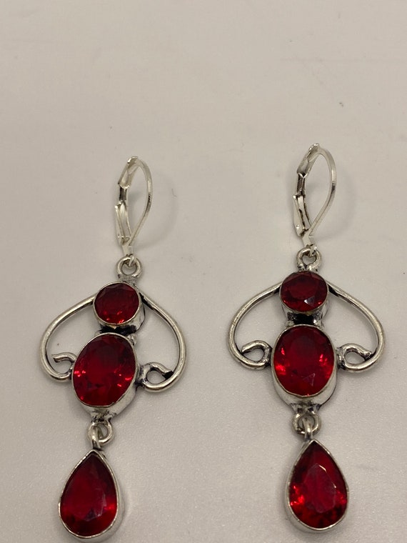 Antique Vintage Red Ruby Glass Silver Dangle Earr… - image 5