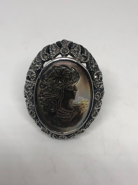 Antique White Mother of Pearl cameo Marcasite Fil… - image 6