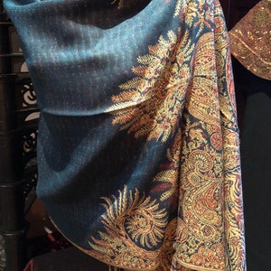 Vintage Teal Blue Paisley Brocade Pashmina Scarf Wrap Shawl
