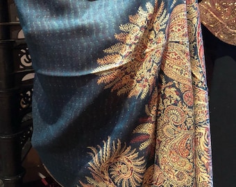 Vintage Teal Blue Paisley Brocade Pashmina Scarf Wrap Shawl