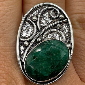 Vintage Green Raw Emerald Silver Bronze Statement Boho Ring