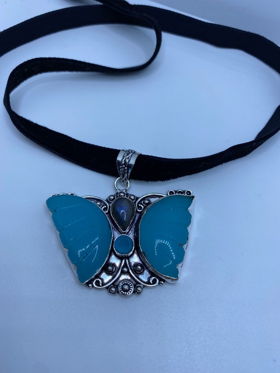 Vintage Blue Chalcedony Butterfly Choker Necklace - image 2