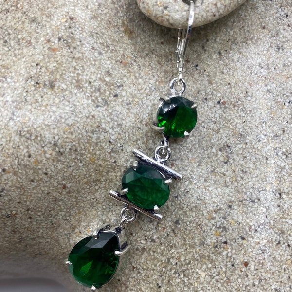 Antique Vintage Green Peridot Glass Silver Dangle Earrings