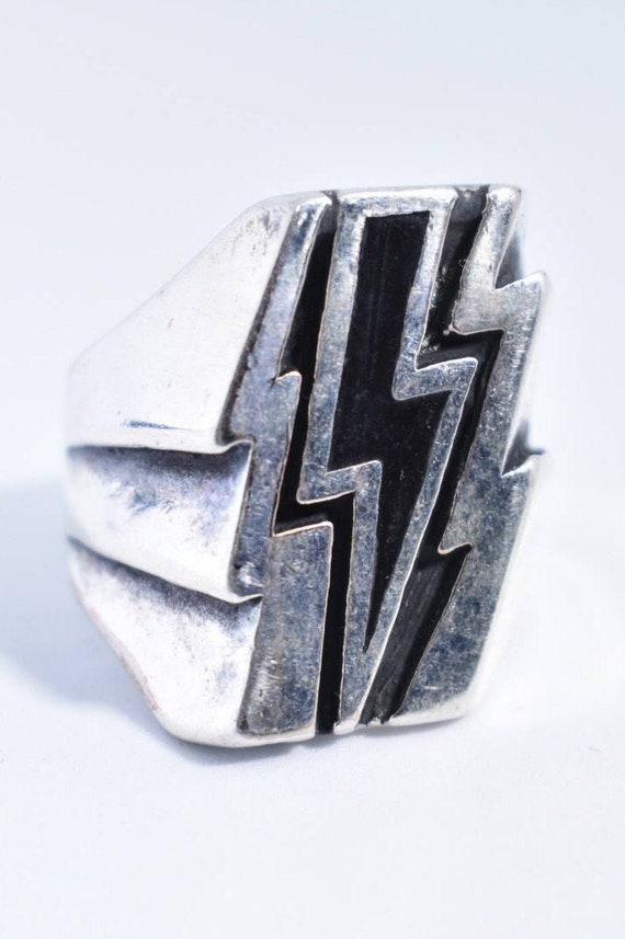 Vintage Southwestern Black Inlay Lighting Bolt Mens Biker Ring Etsy