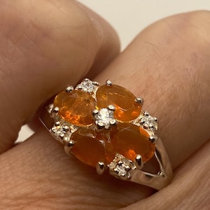 Vintage Fire Opal Ring White Sapphire 925 Sterling Silver Cocktail