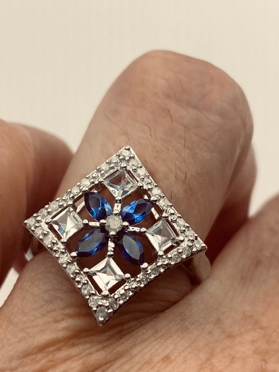 Vintage Blue Sapphire and White 925 Sterling Silv… - image 1