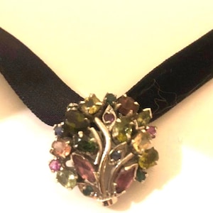 Vintage Genuine Mixed Gemstone 925 Sterling Silver Rhodium Brooch