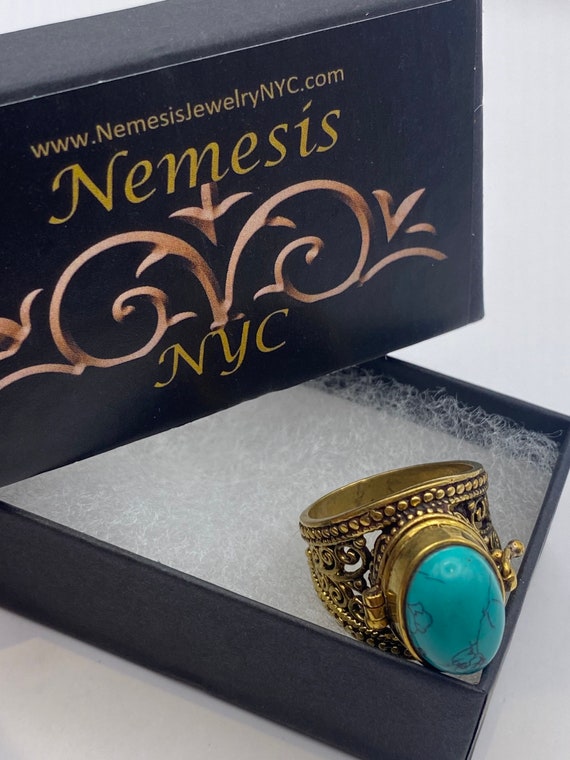 Vintage Turquoise Brass Poison Pillbox Ring - image 4