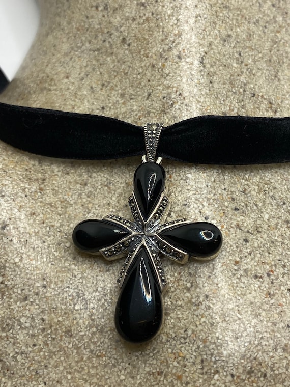 Vintage Black Onyx Marcasite Cross Choker 925 Ste… - image 1