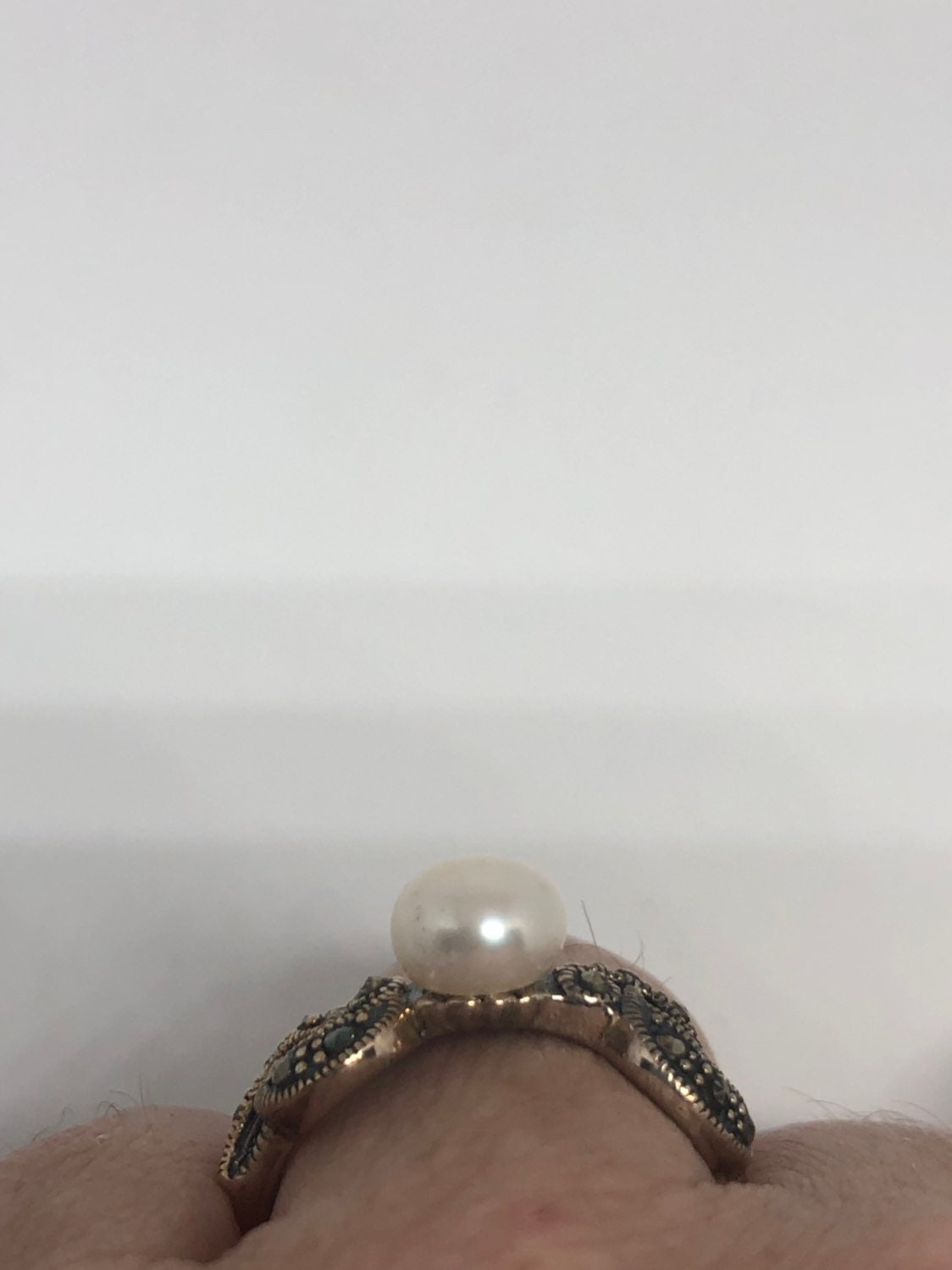 Bague Vintage Argent Massif 925 Avec Perle Et Marcassite - Taille 54 - Occasion En Très Bon état
