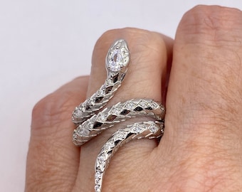 Anillo vintage de serpiente de cristal ajustable en plata de ley