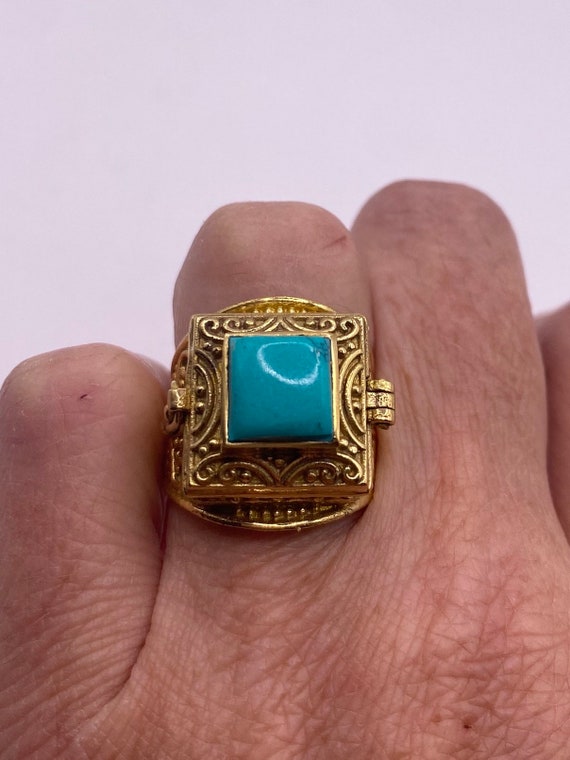 Vintage Gold Turquoise Brass Poison Pillbox Ring - image 1