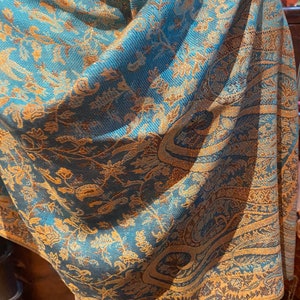 Vintage Blue Gold Paisley Brocade Pashmina Scarf Wrap Shawl