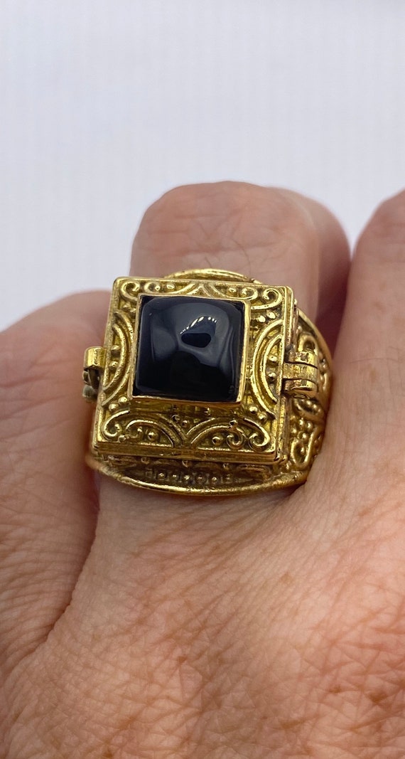 Vintage Black Onyx Brass Poison Pillbox Ring