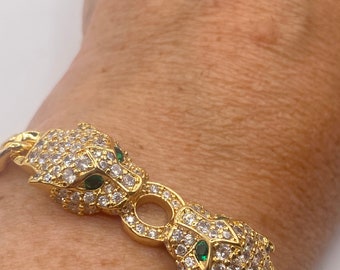 Vintage Cougar Cat Bangle Bracelet Golden filled Green Crystal Eyes