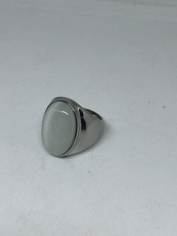 Vintage White Cats Eye Glass Mens Ring Stainless … - image 2