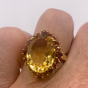 Vintage Golden Citrine and Red Garnet 925 Gold Sterling Silver Ring