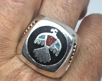 Vintage Thunderbird Ring Native American Style Southwestern  Turquoise Stone Inlay Mens