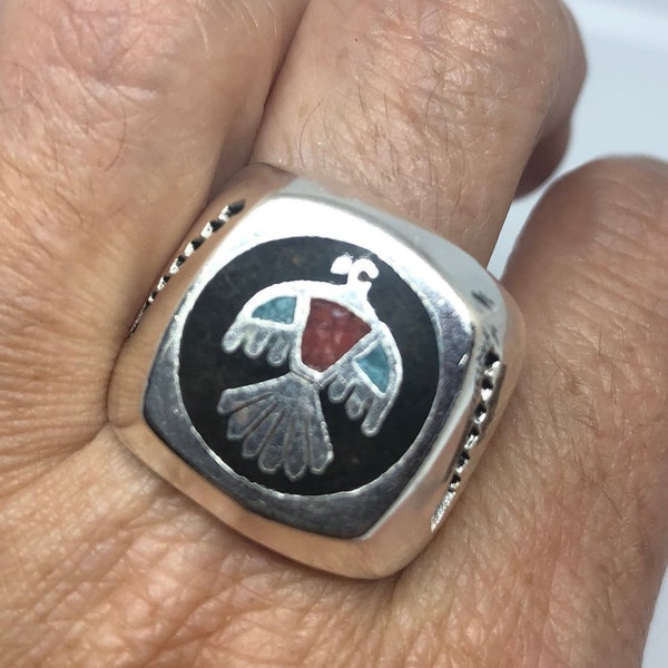 Vintage Thunderbird Ring Native American Style Southwestern  Turquoise Stone Inlay Mens