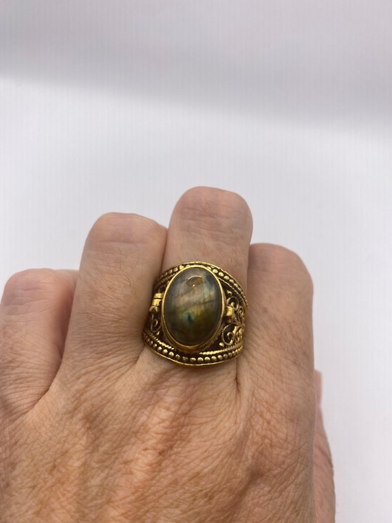 Vintage Labradorite Brass Poison Pillbox Ring - image 3