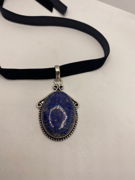 Vintage Blue Lapis Choker Black Velvet Ribbon Nec… - image 2