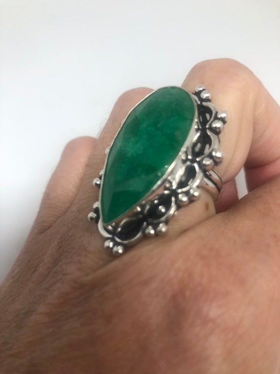 Antique Green Emerald white bronze silver ring